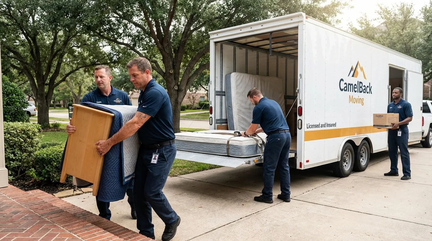 Crew loading residential truck for cross-state move from Maud, TX