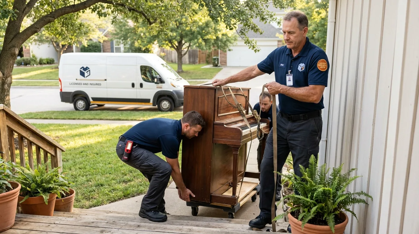 Licensed piano movers securing grand piano in Maud, TX