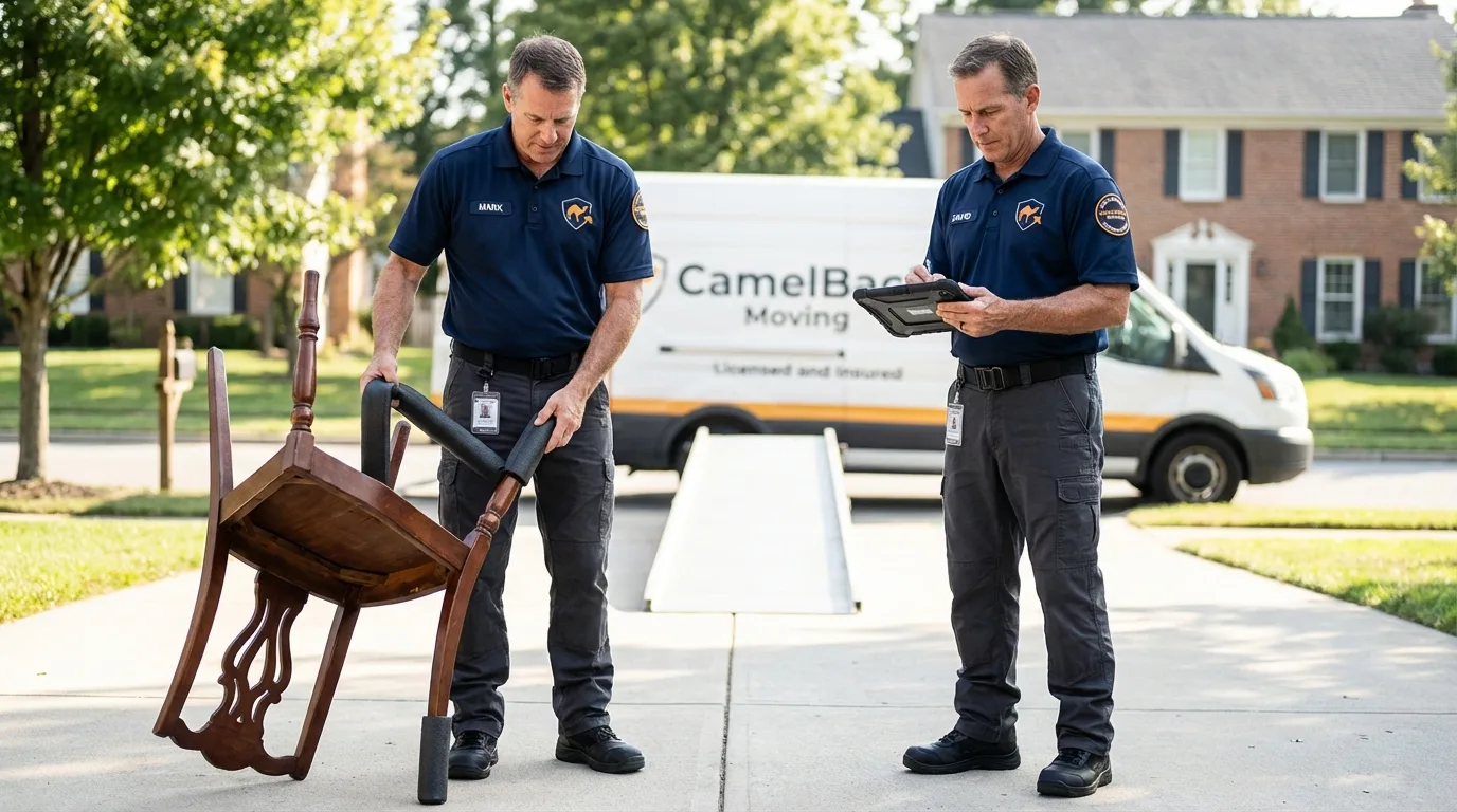 Movers inspecting furniture for damage prevention before loading in Maud, TX