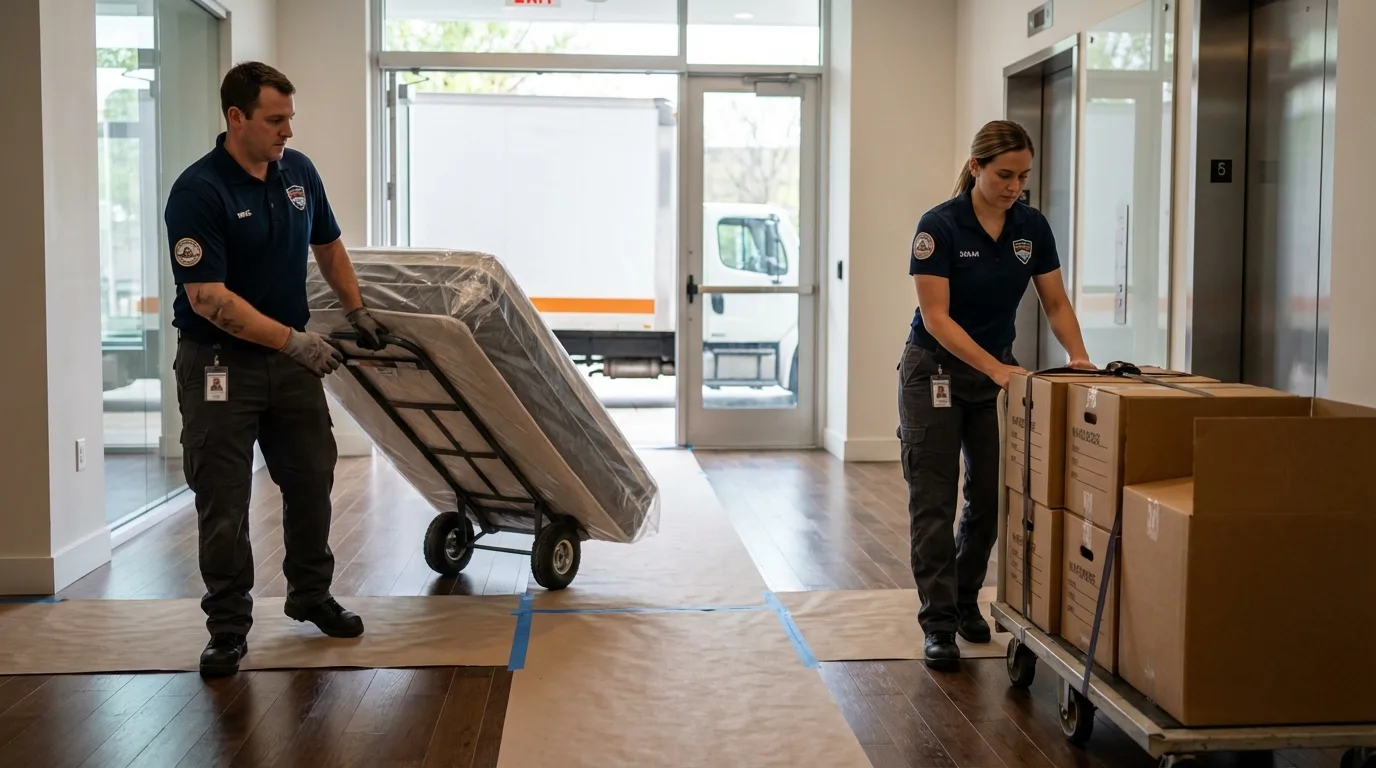 Professional apartment movers loading elevator in Maud, TX